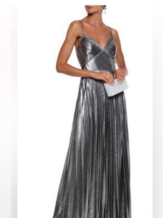 Marchesa Notte Dresses & Skirts - Metallic Silver Pleated Evening Dress with Spaghetti Straps